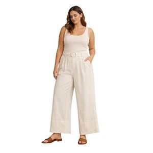 Moon River Cream Paperbag Waist Wide Leg Pants Small Belted High Rise Cotton
